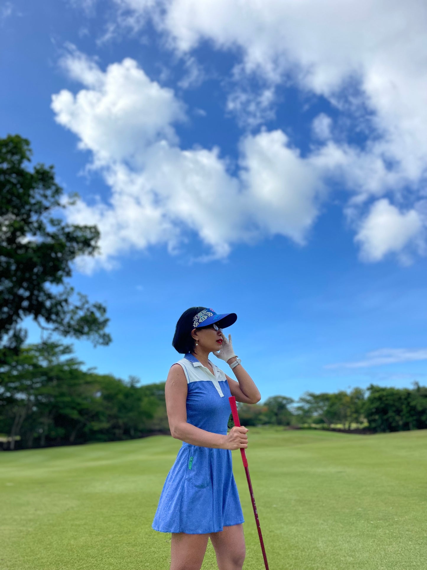 GD-013B || Golf Dress Sleeveless Blue Textured Cloth White Shoulder Panel and Blue & White Collar / Neck Trim