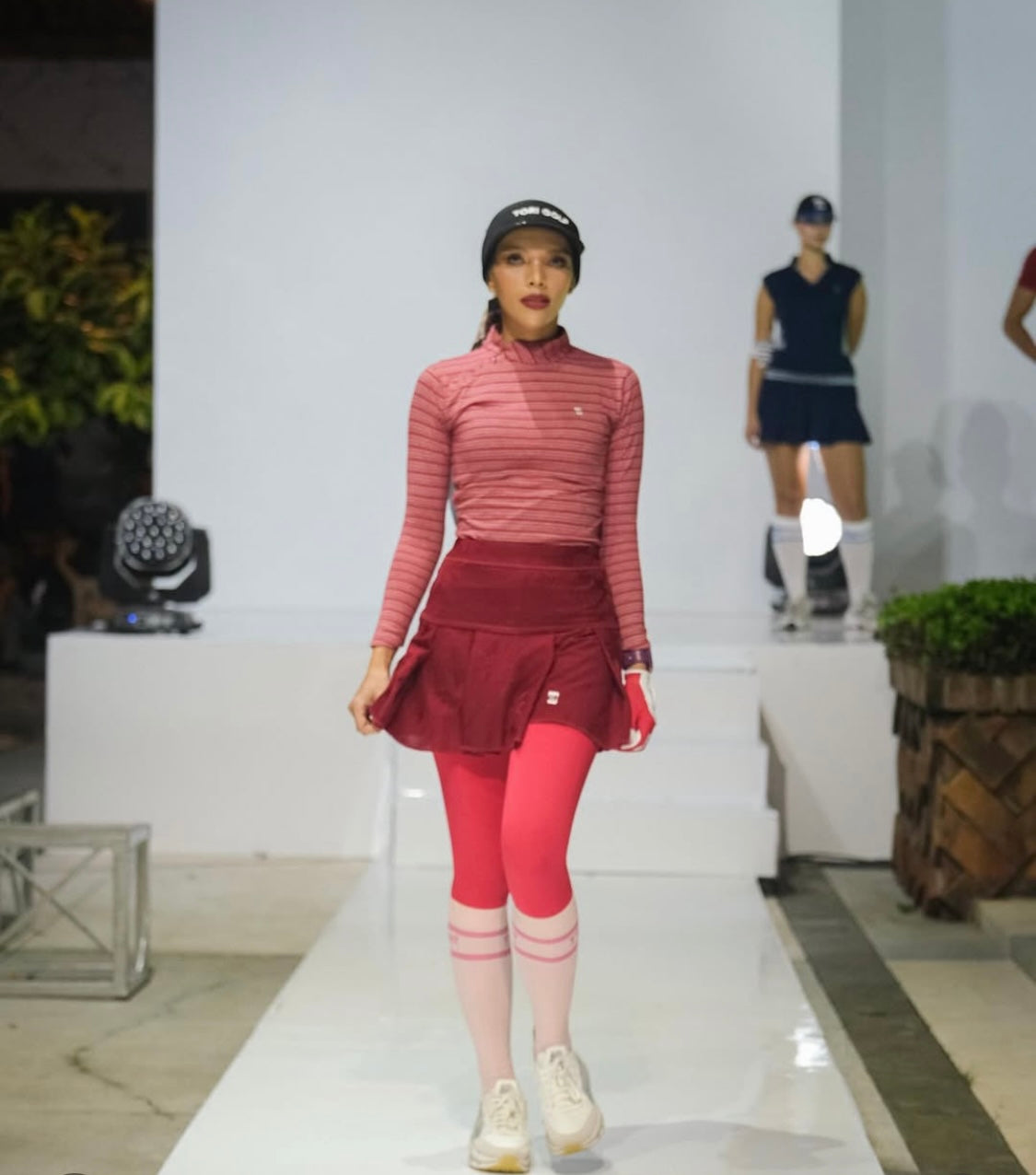 LT-128A || Ladies top dark red with white horizontal stripes reglan long sleeve w angle zip turtleneck