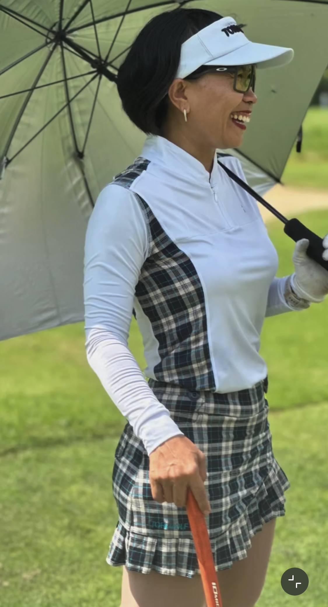 LGS-020G || Golf Set – Top White Long Sleeve Mandarin / Vee Neck Zip Fastened Black, Grey, and Cream Tartan Breathable Side & Shoulder Panels with Black, Grey, and Cream Tartan Skirt Button Waist Fastening Contoured Pleated Short Hem