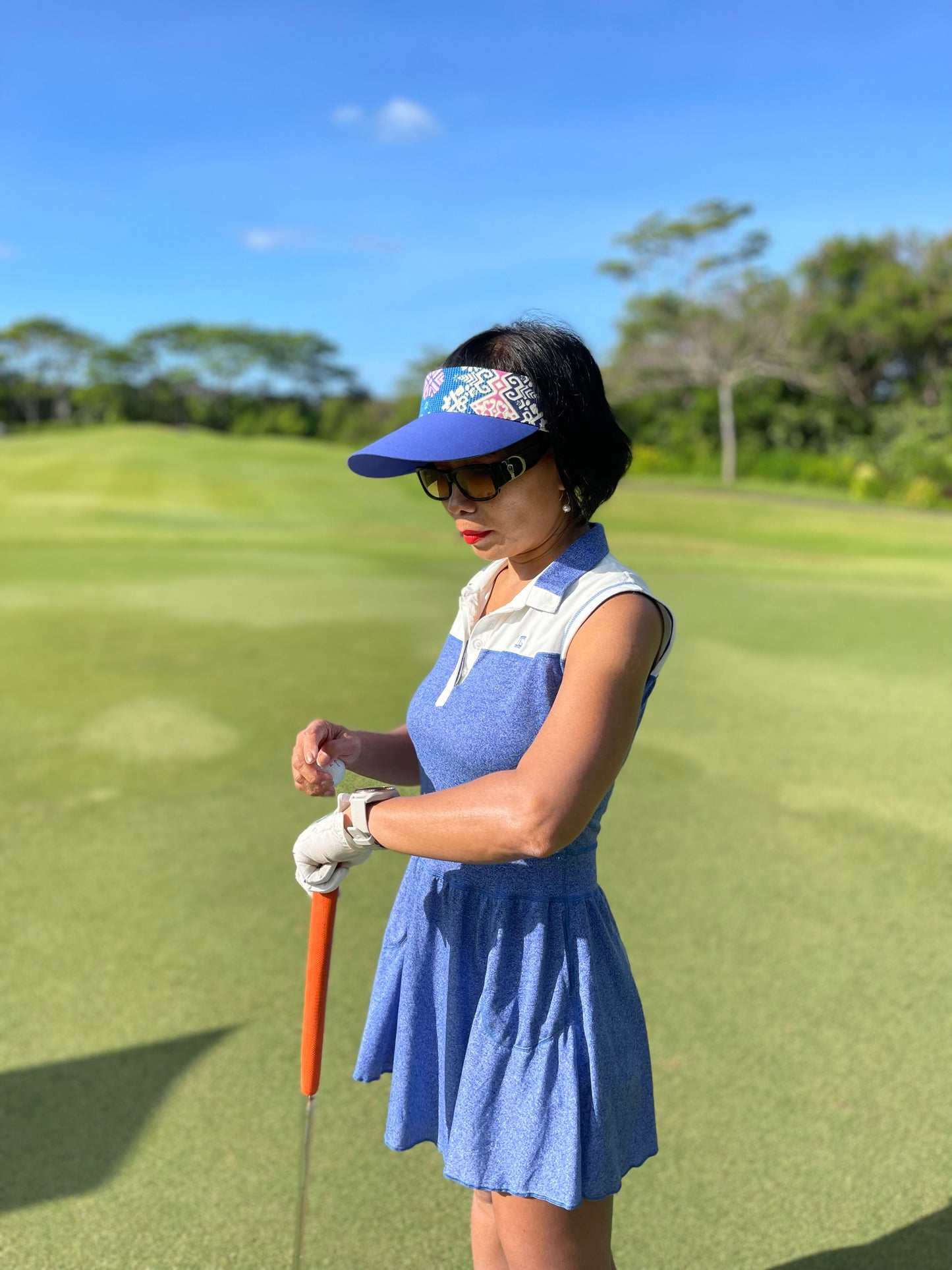 GD-013B || Golf Dress Sleeveless Blue Textured Cloth White Shoulder Panel and Blue & White Collar / Neck Trim