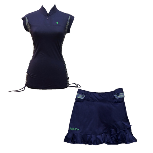 LGS-018 || Golf Set (Top and Skirt) – Top Navy Mandarin / V Neck Zip Fastened Navy with Green and Blue Modern Batik Breathable Side & Shoulder Panels with Navy Skirt Button Waist Fastening Two Front & One Rear Pockets Contoured Pleated Short Hem