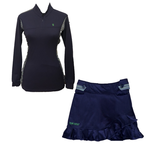 LGS-016 || Golf Set (Top & Skirt) – Top Navy Long Sleeve Mandarin / V Neck Zip Fastened Navy with Green and Blue Modern Batik Breathable Side & Shoulder Panels with Navy Skirt Button Waist Fastening Two Front & One Rear Pockets Contoured Pleated Short Hem