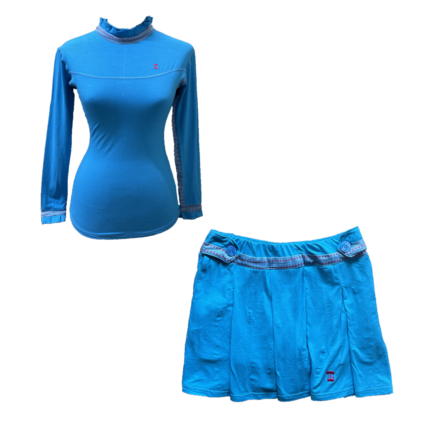 LGS-017A || Golf Set (Top & Skirt) Turquoise with Blue and Pink Dotted Underarm Breathable Material Panels & Vertical Pleated / Frilled Crewneck and Pleated / Frilled Long Sleeve