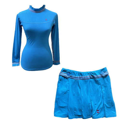 LGS-017A || Golf Set (Top & Skirt) Turquoise with Blue and Pink Dotted Underarm Breathable Material Panels & Vertical Pleated / Frilled Crewneck and Pleated / Frilled Long Sleeve