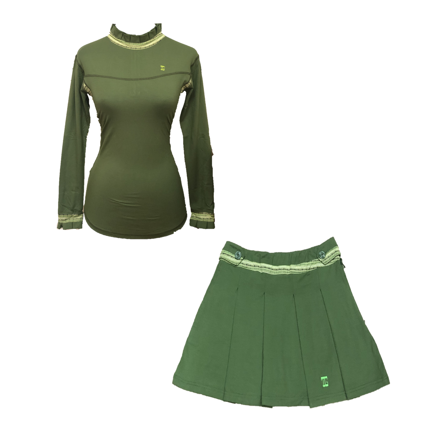 LGS-017 || Golf Set (Top & Skirt) Teranium Green with Midgreen and White Modern Batik Underarm Breathable Material Panels & Vertical Pleated / Frilled Crewneck and Pleated / Frilled Long Sleeve Cuffs