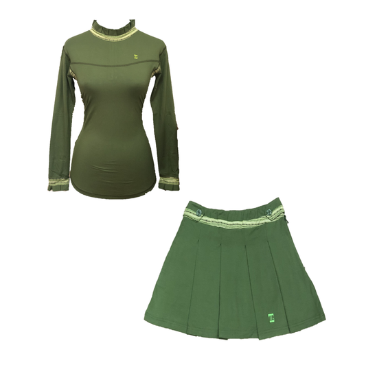 LGS-017 || Golf Set (Top & Skirt) Teranium Green with Midgreen and White Modern Batik Underarm Breathable Material Panels & Vertical Pleated / Frilled Crewneck and Pleated / Frilled Long Sleeve Cuffs