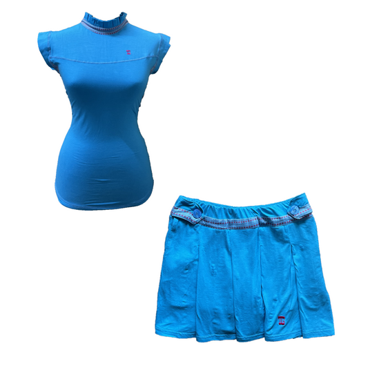 LGS-019A || Golf Set (Top & Skirt) Turquoise with Blue and Pink Dotted Underarm Breathable Material Panels & Vertical Pleated / Frilled Crewneck and Pleated / Frilled Sleeveless