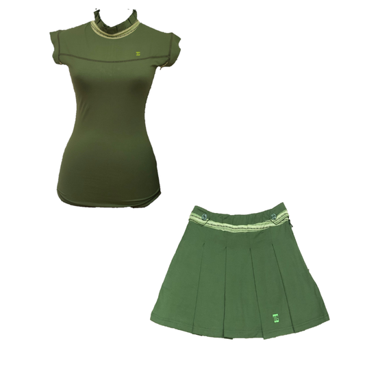 LGS-019 || Golf Set (Top & Skirt) Teranium Green with Midgreen and White Modern Batik Underarm Breathable Material Panels & Vertical Pleated / Frilled Crewneck and Pleated / Frilled Sleeveless