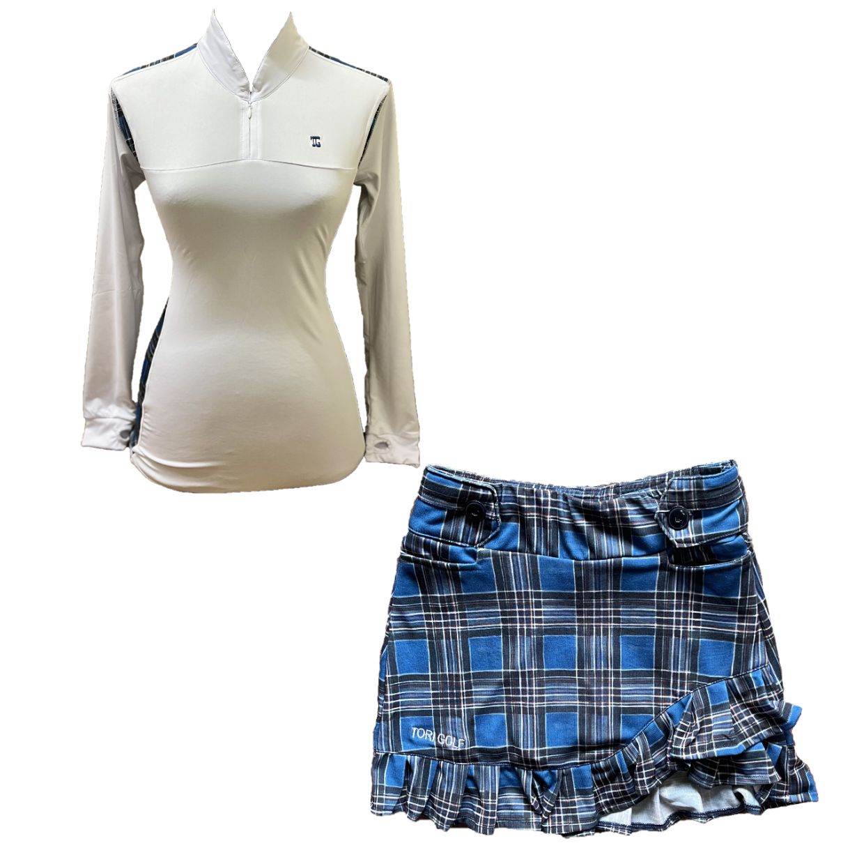 LGS-020A || Golf Set – Top white Long Sleeve Mandarin / Vee Neck Zip Fastened Dark Blue, Black, and White Tartan Breathable Side & Shoulder Panels with Dark Blue, Black, and White Multiline Tartan Skirt Button Waist Fastening Contoured Pleated Short Hem