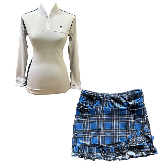 LGS-020A || Golf Set – Top white Long Sleeve Mandarin / Vee Neck Zip Fastened Dark Blue, Black, and White Tartan Breathable Side & Shoulder Panels with Dark Blue, Black, and White Multiline Tartan Skirt Button Waist Fastening Contoured Pleated Short Hem