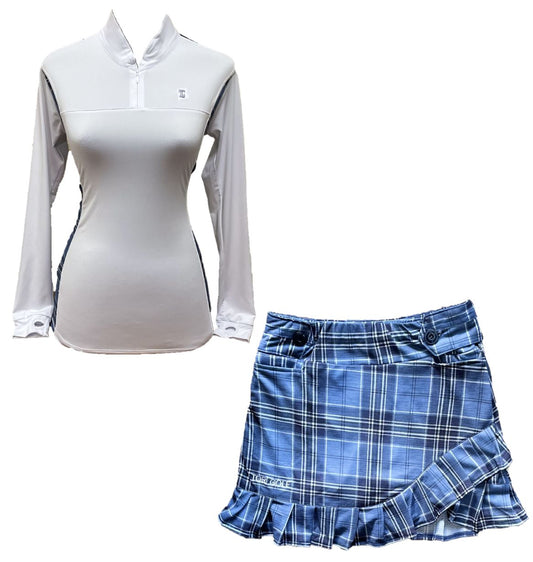 LGS-020B || Golf Set – Top White Long Sleeve Mandarin / Vee Neck Zip Fastened Light Blue, Smoky Grey, and White Tartan Breathable Side & Shoulder Panels with Light Blue, Smoky Grey, and White Tartan Skirt Button Waist Fastening Contoured Pleated Short Hem