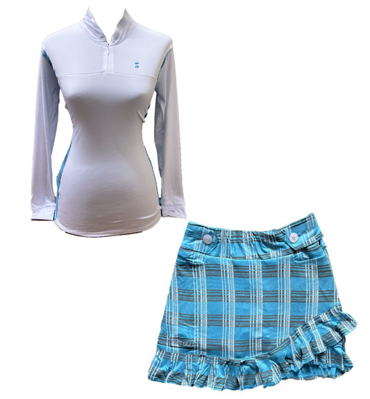 LGS-020C || Golf Set – Top White Long Sleeve Mandarin / Vee Neck Zip Fastened Light Blue, Smoky Grey, and White Tartan Breathable Side & Shoulder Panels with Light Blue, Smoky Grey, and White Tartan Skirt Button Waist Fastening Contoured Pleated Short Hem