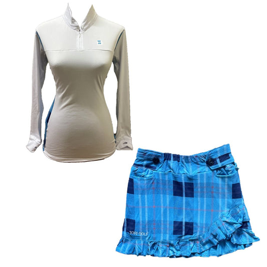 LGS-020D || Golf Set – Top White Long Sleeve Mandarin / Vee Neck Zip Fastened Mid Blue Tartan Breathable Side & Shoulder Panels with Mid and Dark Blue Tartan Skirt Button Waist Fastening Two Front & One Rear Pockets Contoured Pleated Short Hem