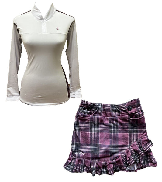 LGS-020F || Golf Set – Top White Long Sleeve Mandarin / Vee Neck Zip Fastened Dark Purple, Black and White Tartan Breathable Side & Shoulder Panels with Dark Purple, Black and White Tartan Skirt Button Waist Fastening Contoured Pleated Short Hem