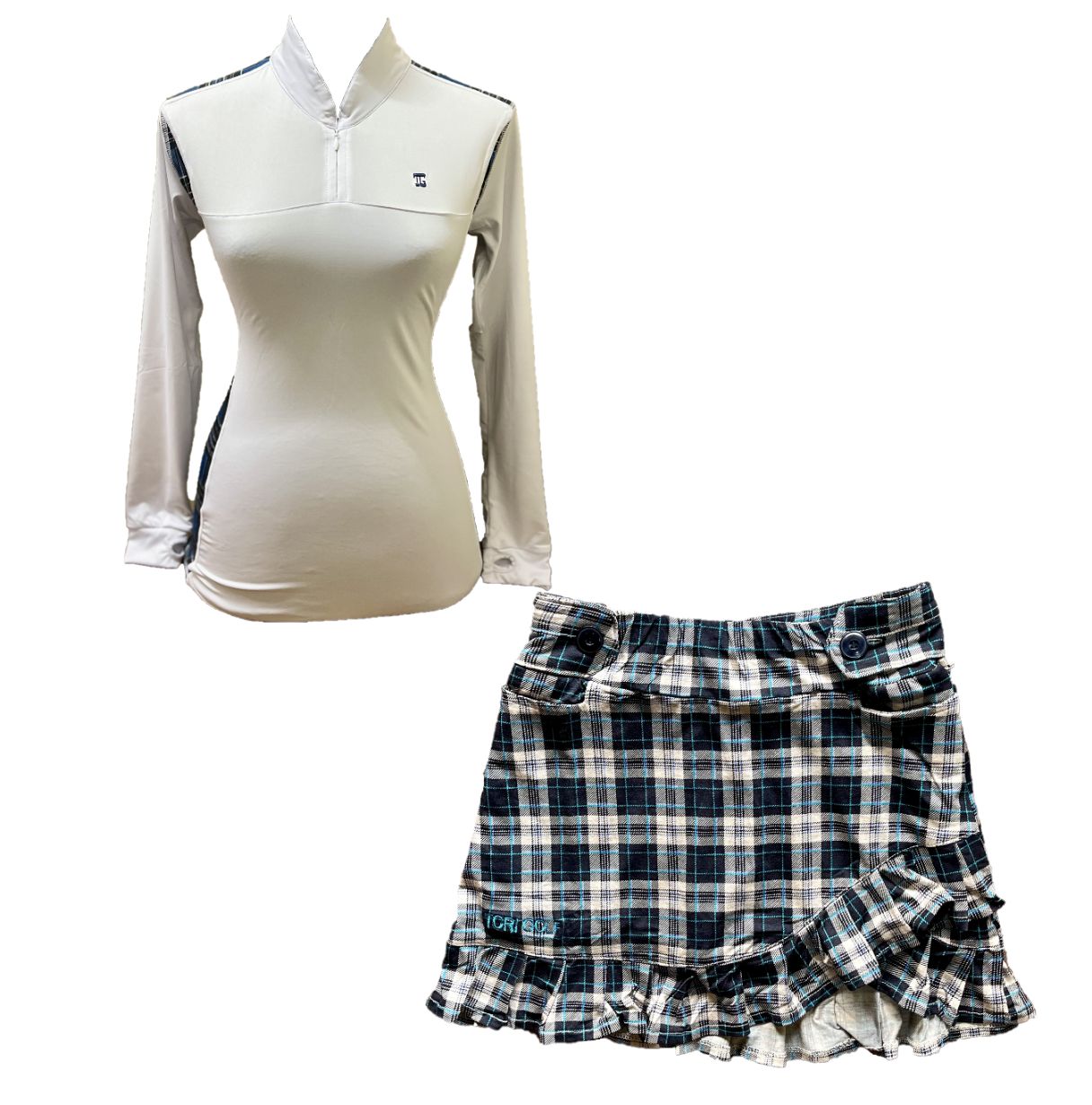 LGS-020G || Golf Set – Top White Long Sleeve Mandarin / Vee Neck Zip Fastened Black, Grey, and Cream Tartan Breathable Side & Shoulder Panels with Black, Grey, and Cream Tartan Skirt Button Waist Fastening Contoured Pleated Short Hem