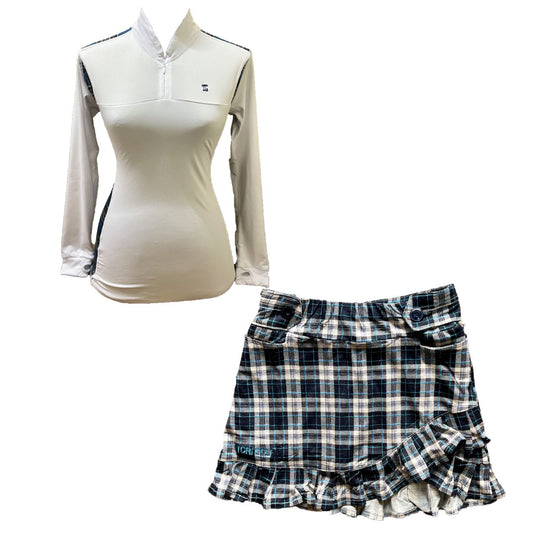 LGS-020G || Golf Set – Top White Long Sleeve Mandarin / Vee Neck Zip Fastened Black, Grey, and Cream Tartan Breathable Side & Shoulder Panels with Black, Grey, and Cream Tartan Skirt Button Waist Fastening Contoured Pleated Short Hem