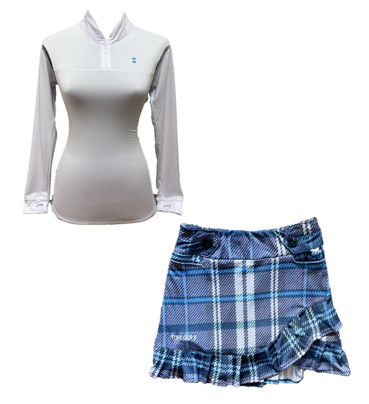 LGS-020 || Golf Set – Top White Long Sleeve Mandarin / Vee Neck Zip Fastened Mid Blue, Light Blue and Brown Tartan Breathable Side & Shoulder Panels with Mid Blue, Light Blue and Brown Tartan Skirt Button Waist Fastening Contoured Pleated Short Hem