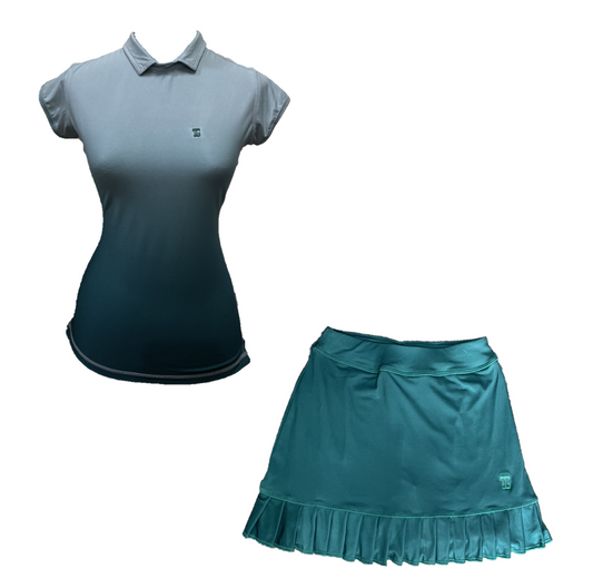 LGS-022 || Golf Set - Top Short Sleeve Motion Blue with Green Tosca Gradation Color, with Green Tosca Skirt Soft Swing Style Very Short Pleated Swing Hem Two Side Pocket