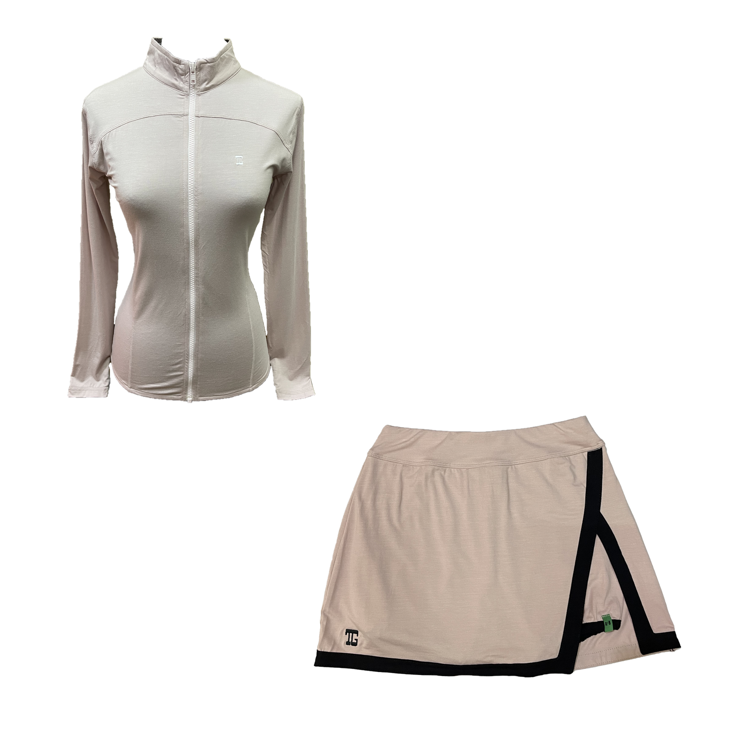LGS-023 || Golf Set - Top Long Sleeve Mock Neck with Zipper Pink Nude Color. Pink Nude Skirt with a Black Combination on The Edges and an Inverted V-Slit on The Left Side.