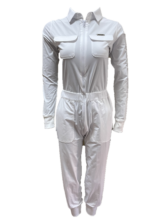 LJS-001A || Ladies Golf Jumpsuit Long Sleeve with Collar Neck White Color and Long Pants, with a Zipper in Front and 2 Pockets on The Right and Left of The Chest and Elastic Band on The Waist.