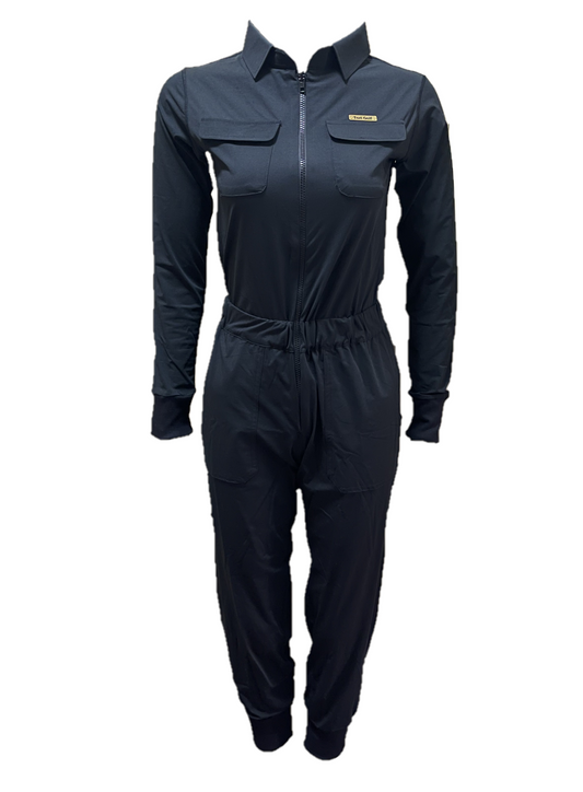 LJS-001 || Ladies Golf Jumpsuit Long Sleeve with Collar Neck Black Color and Long Pants, with a Zipper in Front and 2 Pockets on The Right and Left of The Chest and Elastic Band on The Waist