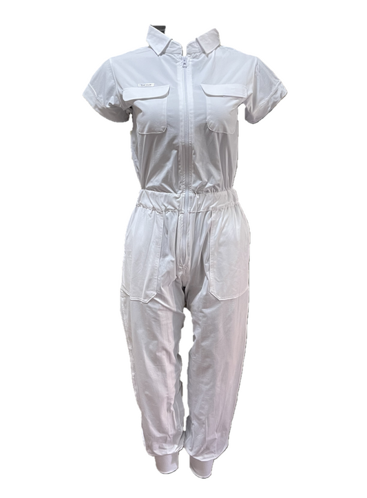 LJS-002A || Ladies Golf Jumpsuit Short Sleeve with Collar Neck White Color and Long Pants, with a Zipper in Front and 2 Pockets on The Right and Left of The Chest and Elastic Band on The Waist