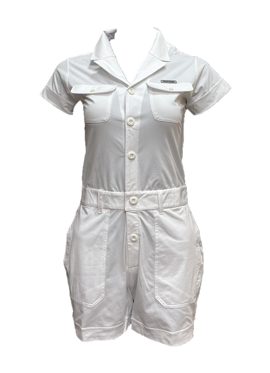 LJS-003A || Ladies Golf Jumpsuit White Color with Shawl Sollar, Short Sleeves with Shorts and Buttons in Front and 2 Pockets on the Right and Left Sides of the Front Chest