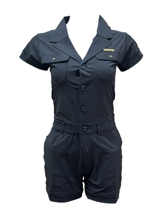 LJS-003 || Ladies Golf Jumpsuit Black Color with Shawl Sollar, Short Sleeves with Shorts and Buttons in Front and 2 Pockets on the Right and Left Sides of the Front Chest