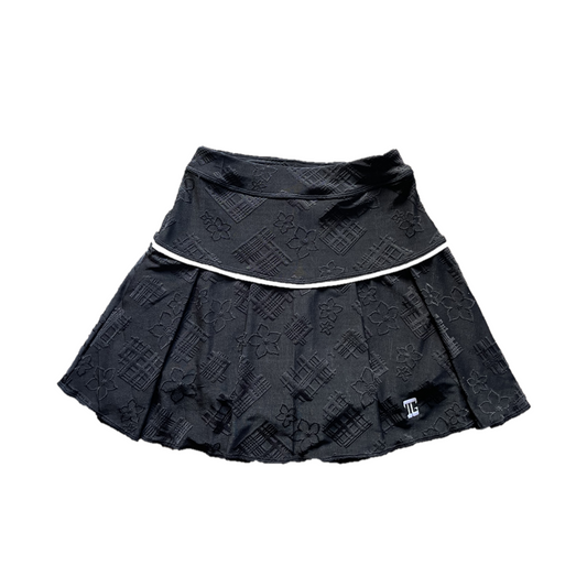 LS-074F || Skirt Plain Black with Embossed Motif and White Horizontal Waist Beading and Four-Square Pleats from the Hip