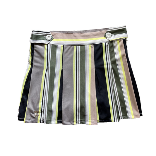 LS-083C || Skirt cream with green and yellow stripes side button waist fastening large knife pleated
