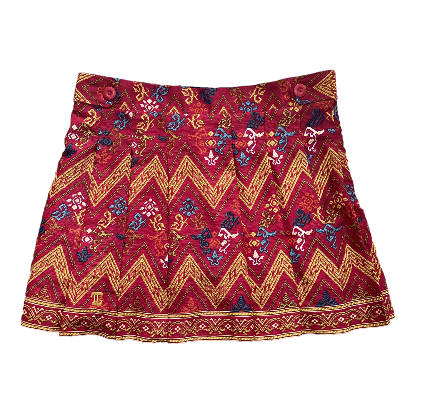 LS-083F || Skirt Red, Yellow and Blue Modern Indonesian Batik Pattern (Dominant Yellow W Motif) Side Button Waist Fastening Large Knife Pleated