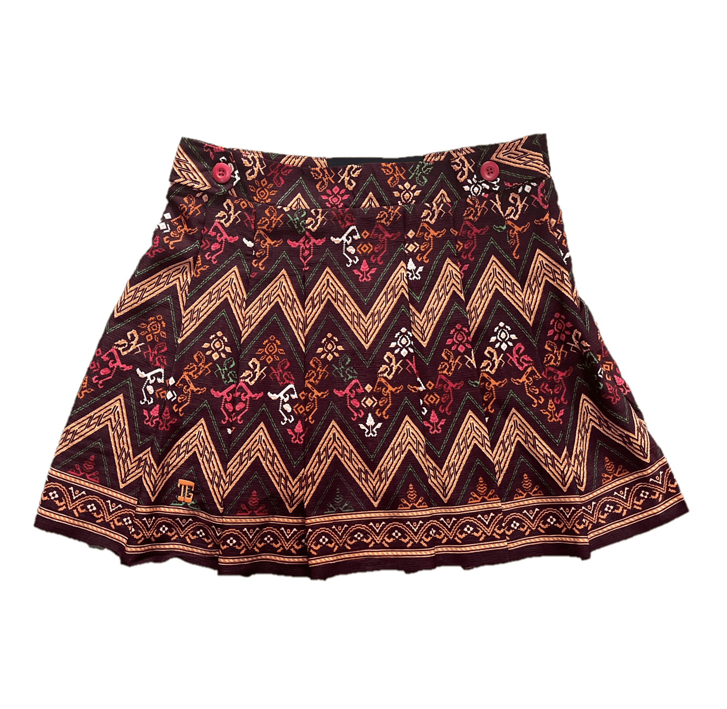 LS-083G || Skirt Brown, Red, Yellow and White Modern Indonesian Batik (Dominant Orange W Motif) Side Button Waist Fastening Large Knife Pleated