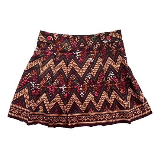 LS-083G || Skirt Brown, Red, Yellow and White Modern Indonesian Batik (Dominant Orange W Motif) Side Button Waist Fastening Large Knife Pleated