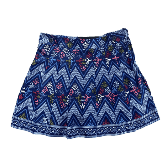 LS-083H || Skirt Royale Blue, Baby Blue and Red Modern Indonesian Batik Pattern (Dominant Yellow W Motif) Side Button Waist Fastening Large Knife Pleated