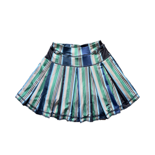 LS-085F || Skirt mid green, blue, black and white vertical Stripes with 2 Stright cut front pocket and all-around swing pleats