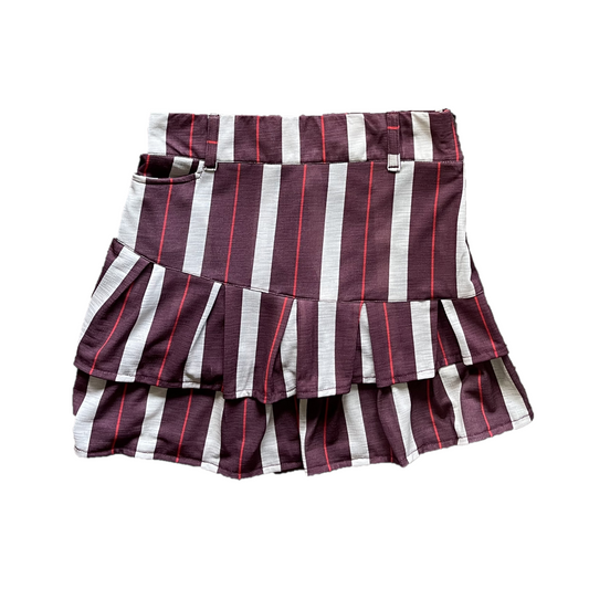 LS-086A || Skirt brown with white and red vertical stripes side zip fastening with 2 frilled rows pleated