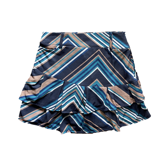 LS-086 || Skirt black, blue, white and cream geometric pattern side zip fastening with 2 frilled rows pleated