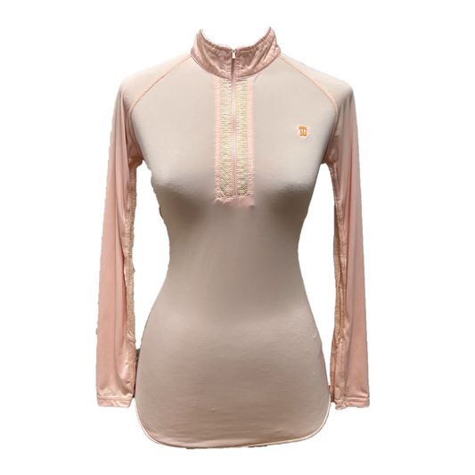 LT-099B || Ladies Top Long Sleeve Light Orange with Fine Orange and White Stripes Motif Pin Striped Neck Trim and Underarm Panels Mock Turtle Zipper Neck