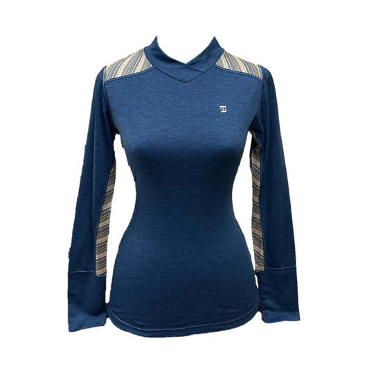 LT-100E || Ladies Top Ladies Top Blue with Red Cream Batik Side Panel & Shoulders Slash Round with V Featured Collar / Panel Neck