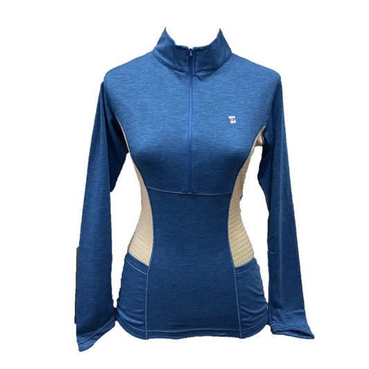 LT-116A1 || Ladies Top Dark Blue with Zipper Long Sleeve with Yellow Pattern Panels on the Right and Left Sides of the Body
