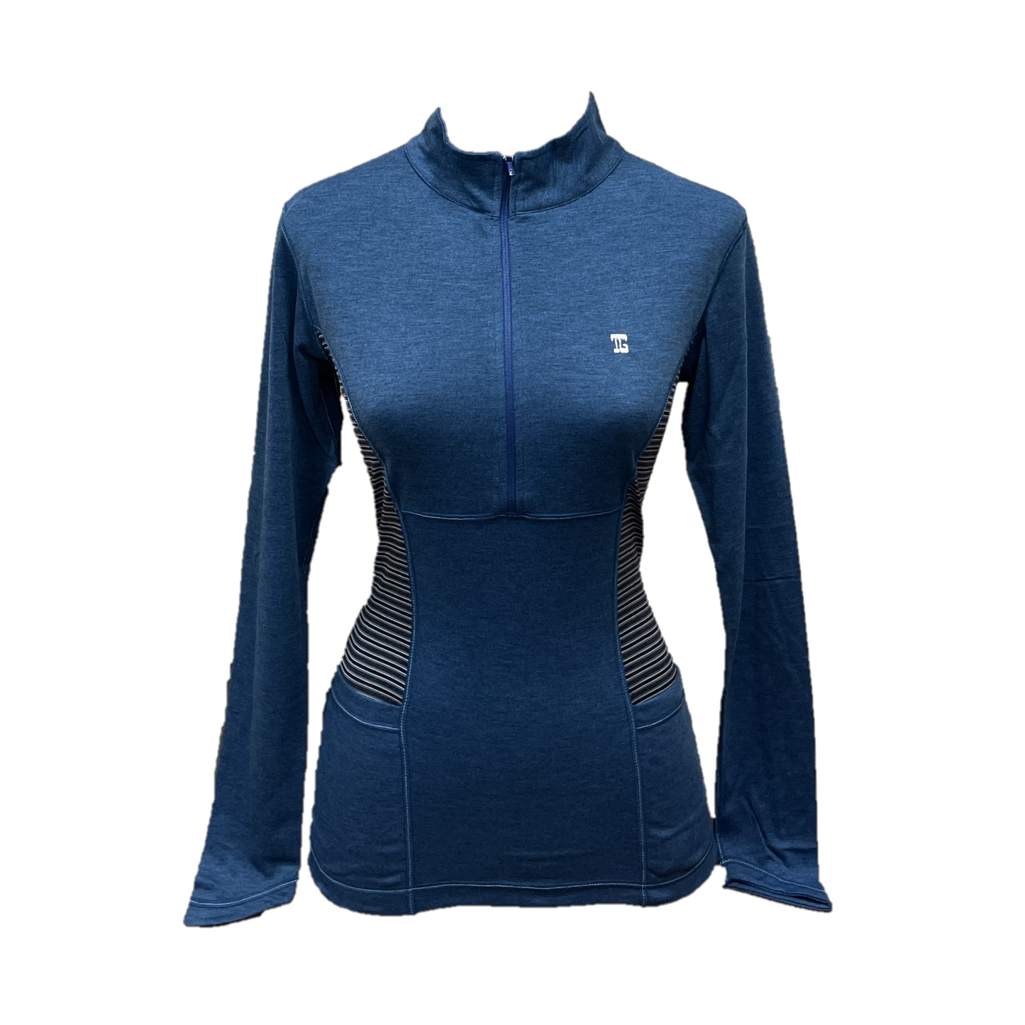 LT-116A2 || Ladies Top Dark Blue with Zipper Long Sleeve with Purple Blue White Stripes Panels on the Right and Left Sides of the Body