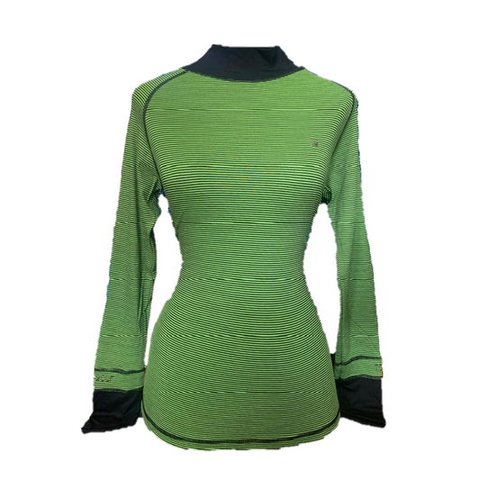 LT-117I || Ladies top long sleeve green with black vertical stripes and black trim