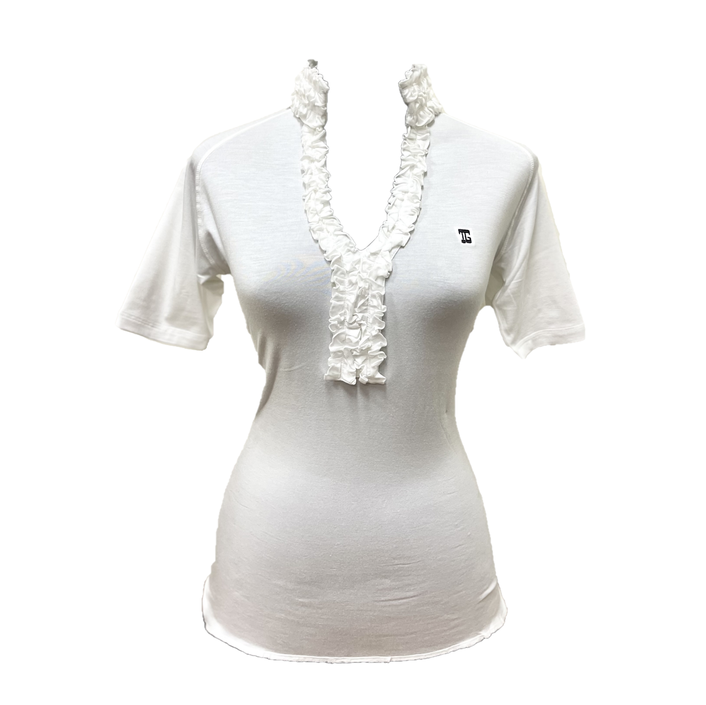 LT-118 || Ladies Top Plain White with Deep Vee Neck with Frilled Trim White Overlocked Stitching & Mid Length Short Sleeves