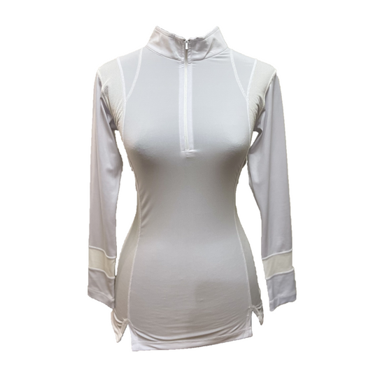 LT-121 || Ladies top plain white longsleeve mandarin neck with front zip fastening underarm and lower sleeve panels dryfit with exposed overlock stitching