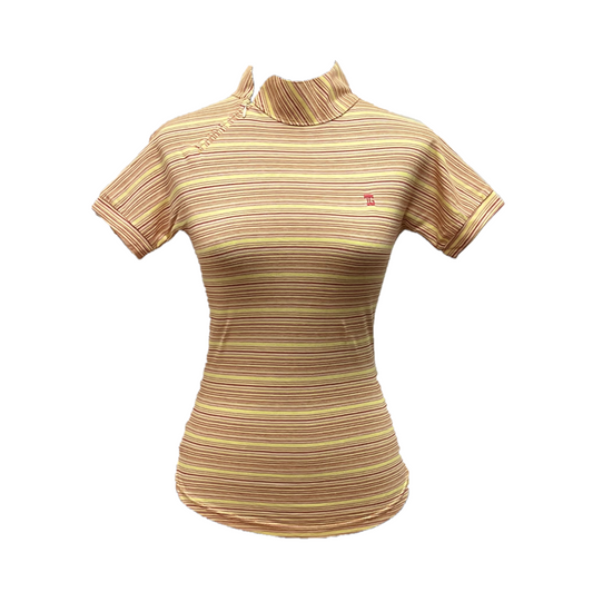 LT-124 || Ladies top yellow with red horizontal stripes reglan short sleeve w angle zip turtleneck