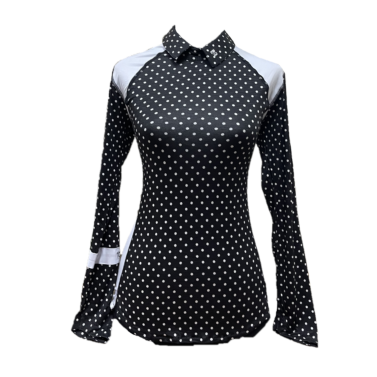 LT-126A || Ladies top black with small polka dots motif long sleeve w white shoulder saddle on front and back panels - rear zip peter pan collar