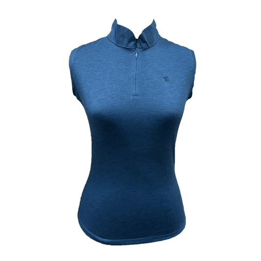 LT-127B || Ladies Top Blue Two-tone Black Sleeveless and V Neck Fastened