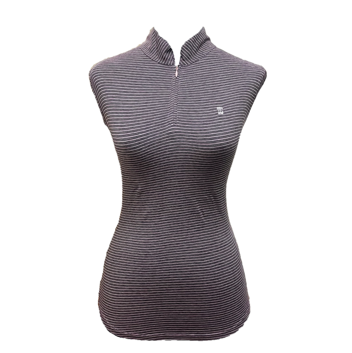 LT-127 || Ladies top nude pink with black multiple horizontal stripes sleeveless and vee neck fastened