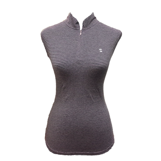 LT-127 || Ladies top nude pink with black multiple horizontal stripes sleeveless and vee neck fastened