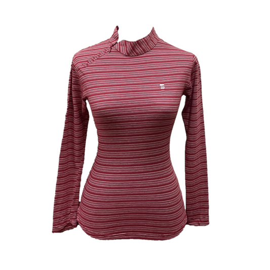 LT-128A || Ladies top dark red with white horizontal stripes reglan long sleeve w angle zip turtleneck